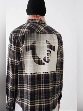 True Religion Workwear Travertine  Flannel Plaid Shirt In Black Tan Purple Sz S